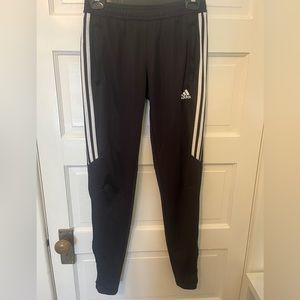 ADIDAS black joggers with white racer stripes. Men’s size S.